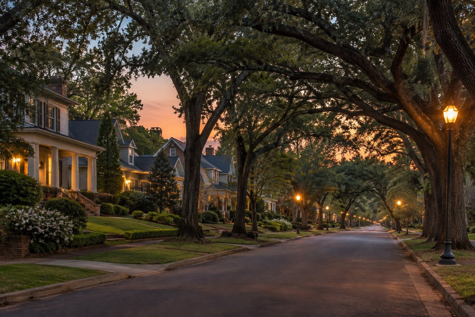 A tree-lined street in the River Region of Alabama at dusk, illustrative